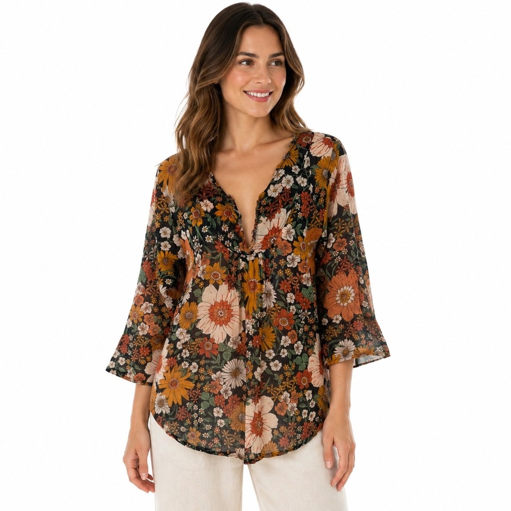 Natural Life Floral 100% Cotton Tunic Top S/M Brown Boho Frayed V-Neck Fall